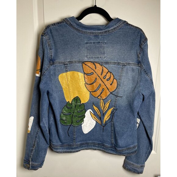 1 Sunset Lane Hand-Painted Botanical Leaf Design Denim Jacket XL Casual Boho - Picture 2 of 8